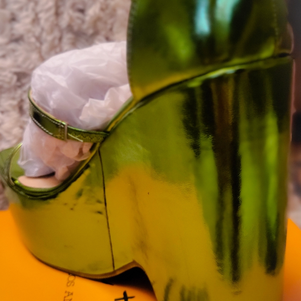 Chase + Chloe Iridescent Lime Green Platform Wedge Sandals - Picture 9 of 9